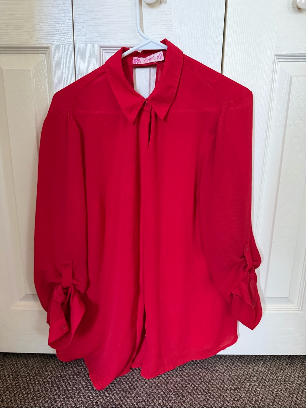 Candie's Red Tie-Neck Long-Sleeve Blouse